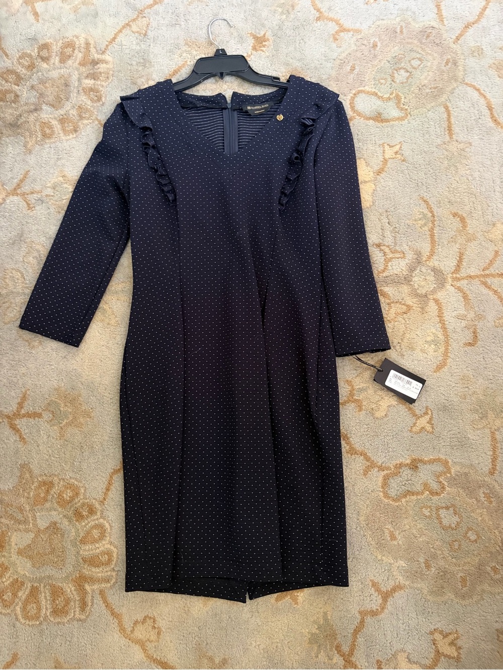 Purchased in Italy ! Elegant Navy Polka Dot Ruffle-Trim Women's Dress